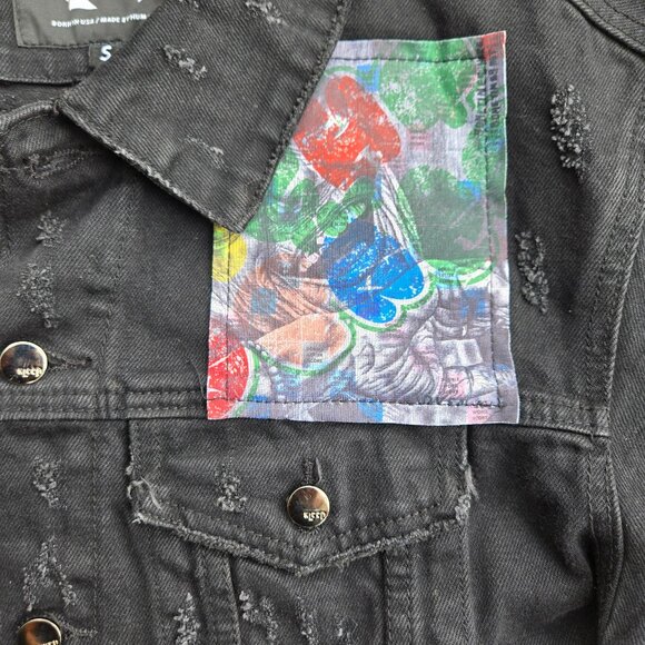 KLEEP Black Distressed Graphic Denim Statement Jacket Mens size S - Picture 5 of 9